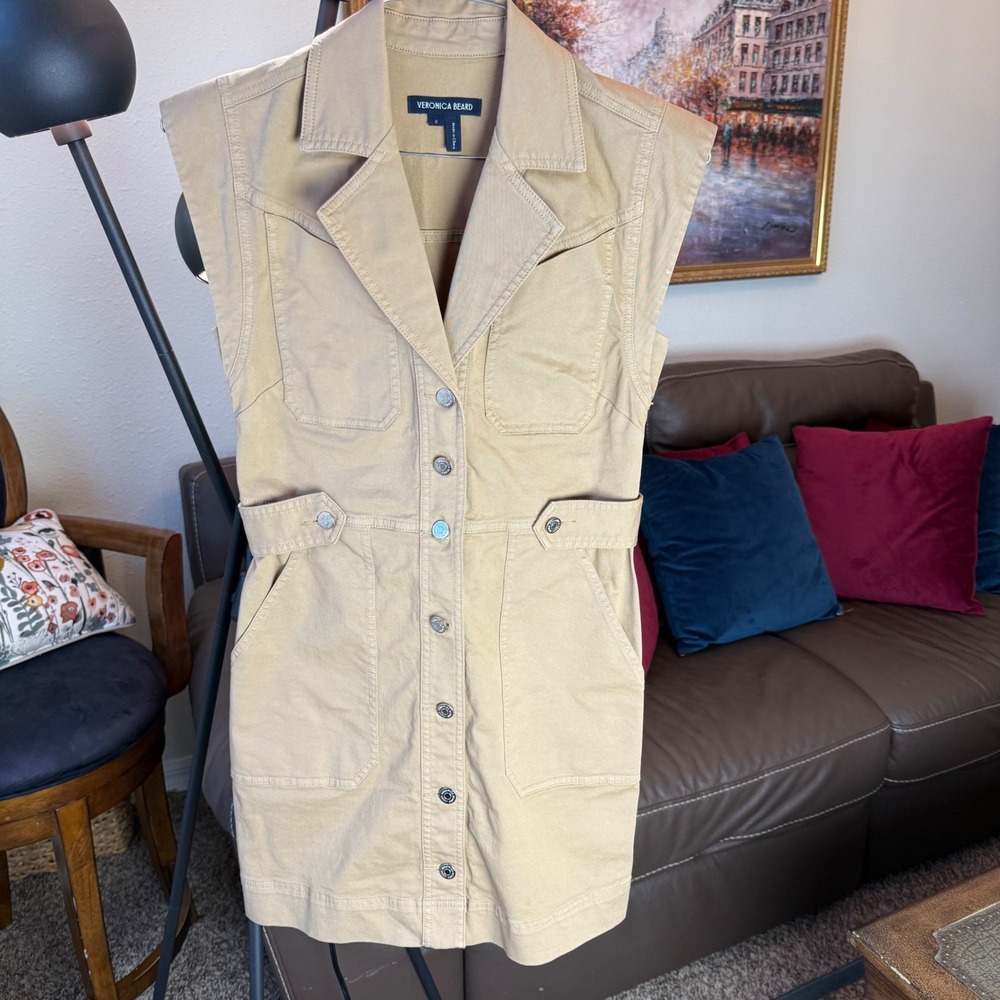 Veronica Beard Khaki Tan Utility Mini Dress Sleeveless Button Front Size 0